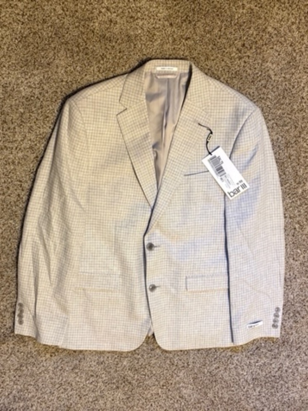 Bar III Sport Coat Blazer NWT Men 40S Slim Fit White Gray Tan Plaid Gingham NEW